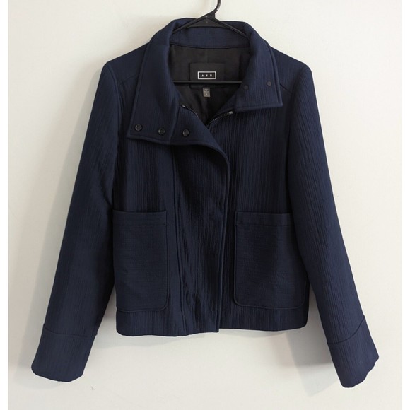 AYR Jackets & Blazers - AYR Ribbed Coat Women's Size Large Navy Blue Mock Neck Textured Full Zip Jacket